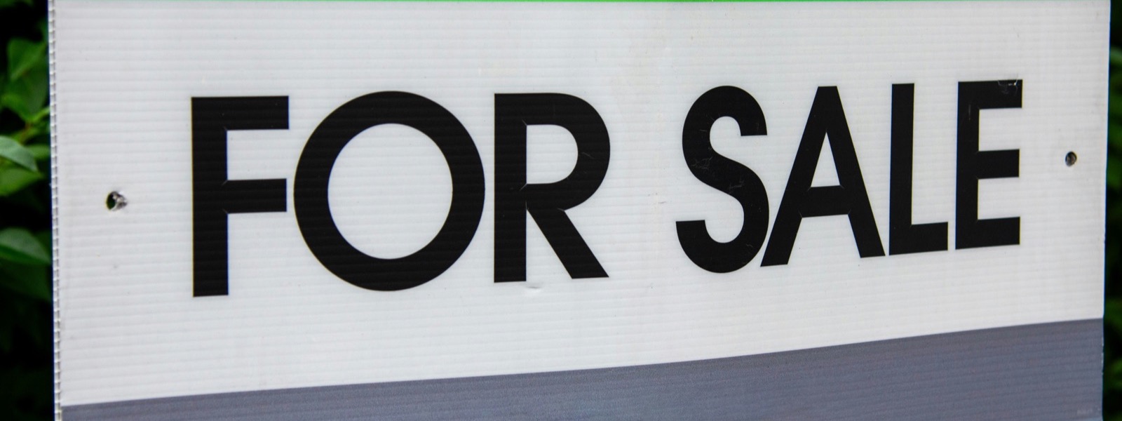 A green and white For Sale sign in a front yard
